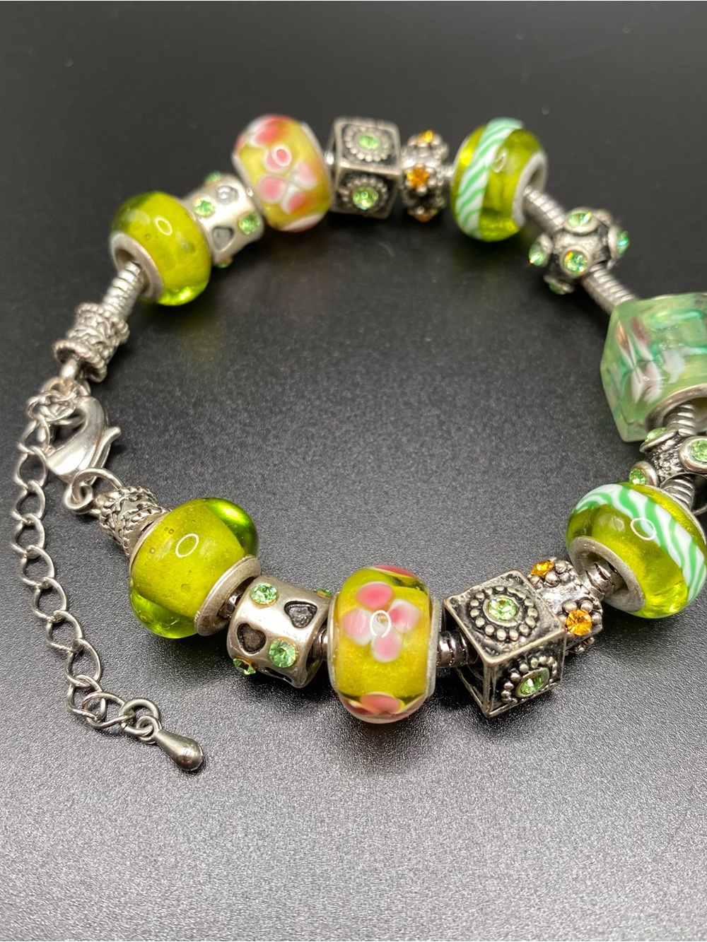 Vintage forest fairy style charm bracelet with glass beads